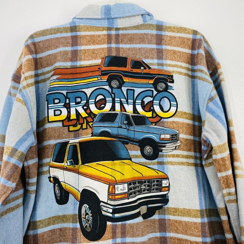 Ford‎ Bronco Flannel Shirt Woman's Large Plaid Huge Back Graphic
